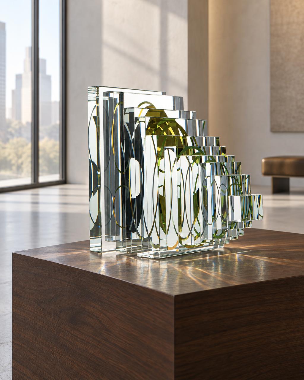 Camera Bohemian glass sculpture by Jaroslav Prošek displayed in collector interior | Leah Do Fine Art Consulting NYC