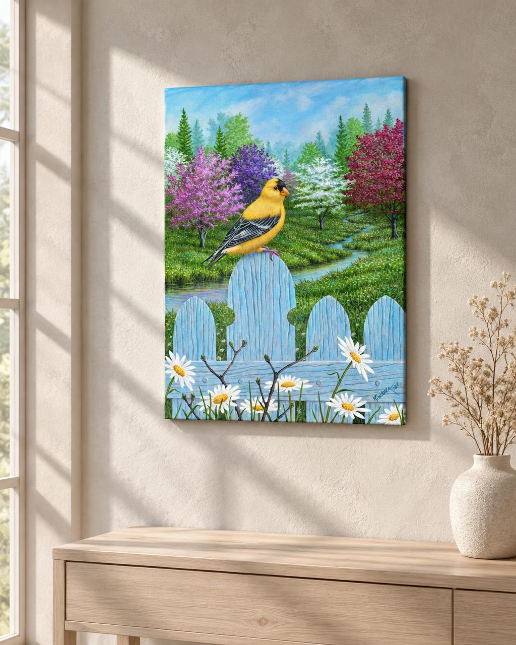 Robert Wavra - Goldfinch and Daisies (2018) in-room collector visual