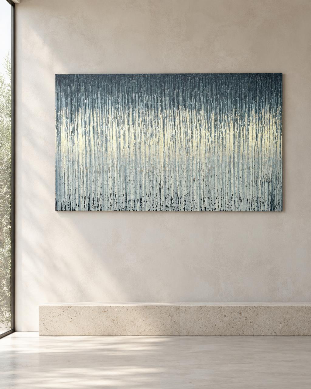 Blue Grey Veils over Warm Light (2025) by Heidi Thompson in collector interior