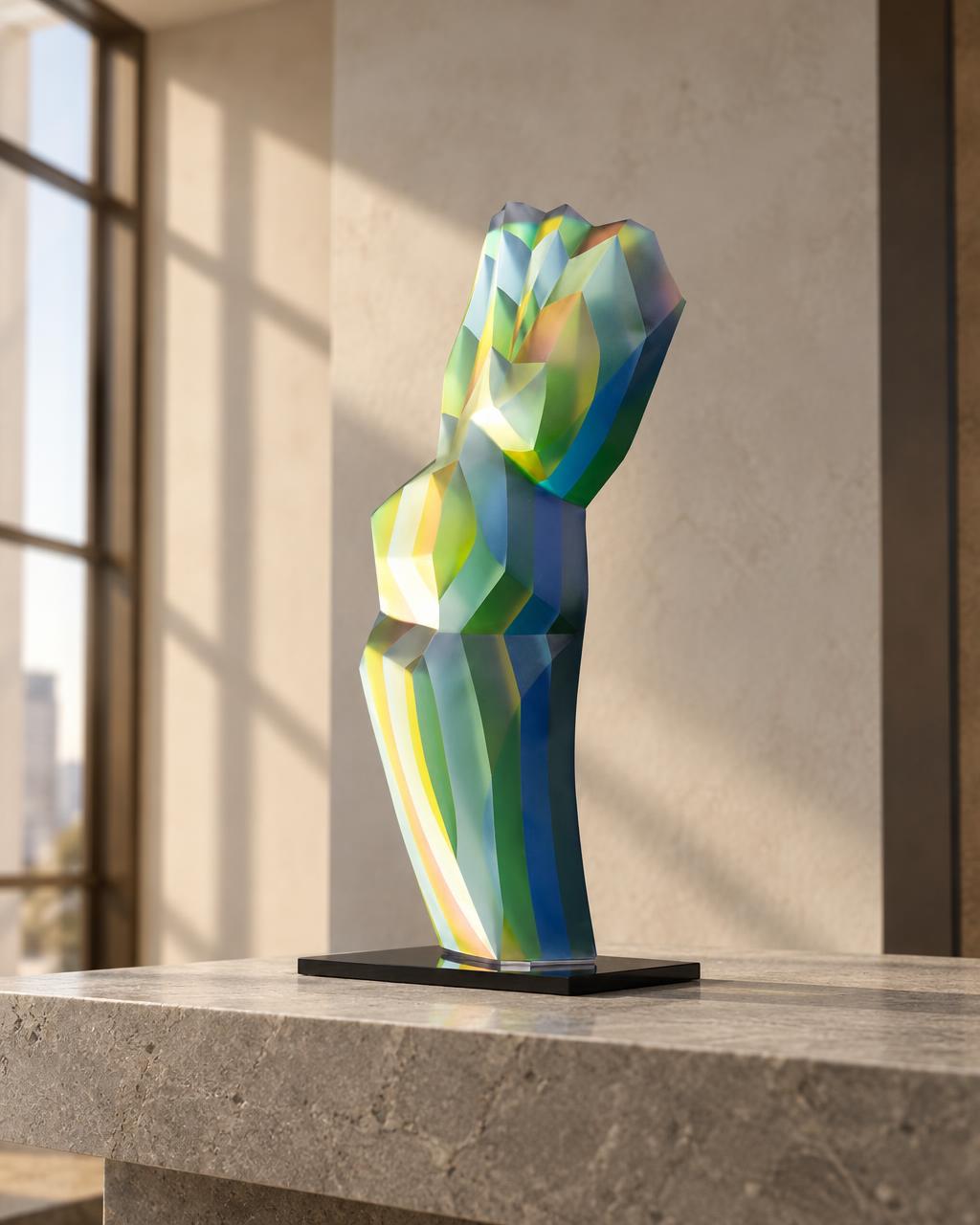 Cactus Bohemian glass sculpture by Jaroslav Prošek displayed in collector residence | Leah Do Fine Art Consulting NYC
