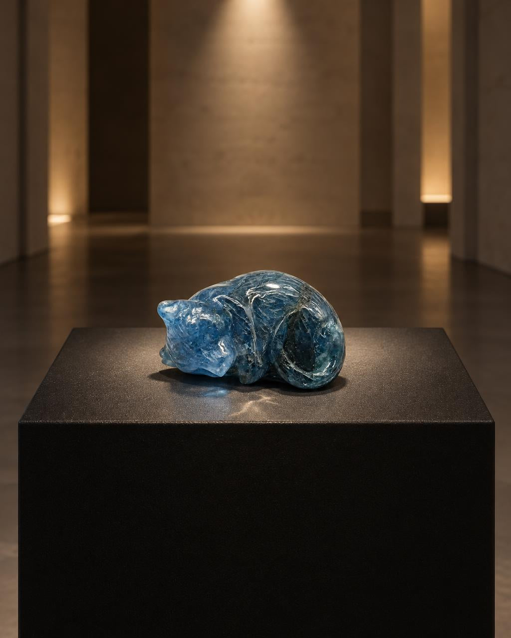 Blue Sapphire Cat by Daniel McKinney in collector vitrine