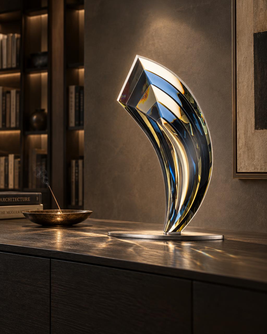 Hawaiian Sail Bohemian glass sculpture by Jaroslav Prošek displayed in collector interior | Leah Do Fine Art Consulting NYC