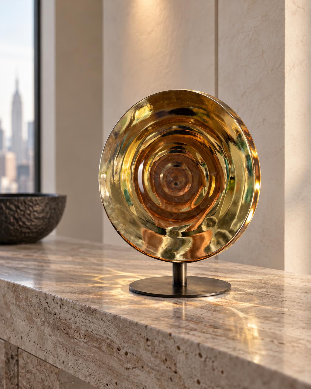 Circle Bohemian glass sculpture by Jaroslav Prošek displayed in collector interior | Leah Do Fine Art Consulting NYC
