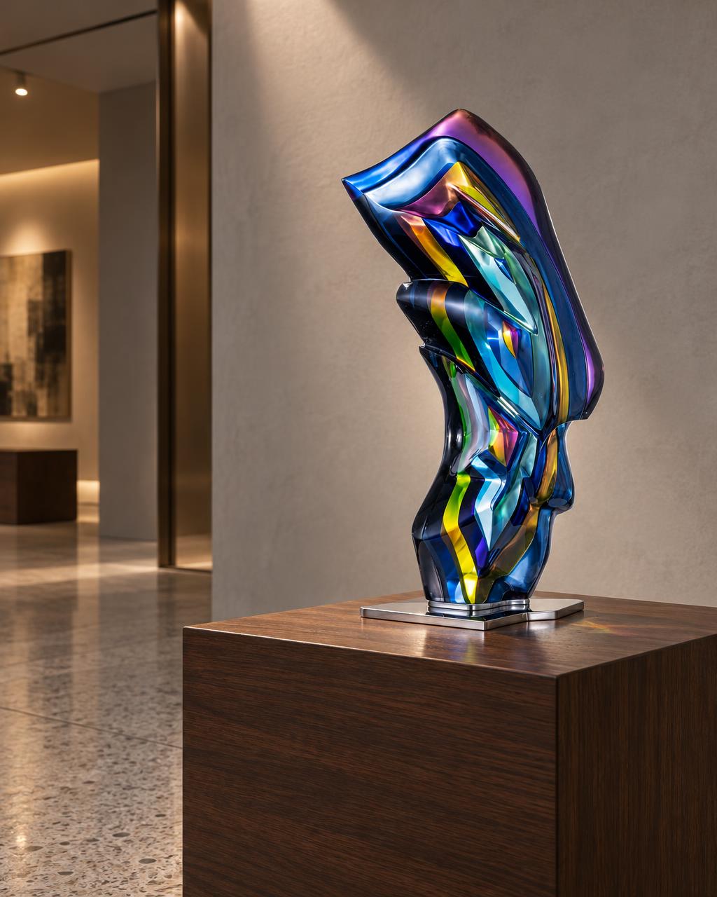Ilu Bohemian glass sculpture by Jaroslav Prošek displayed in collector interior | Leah Do Fine Art Consulting NYC