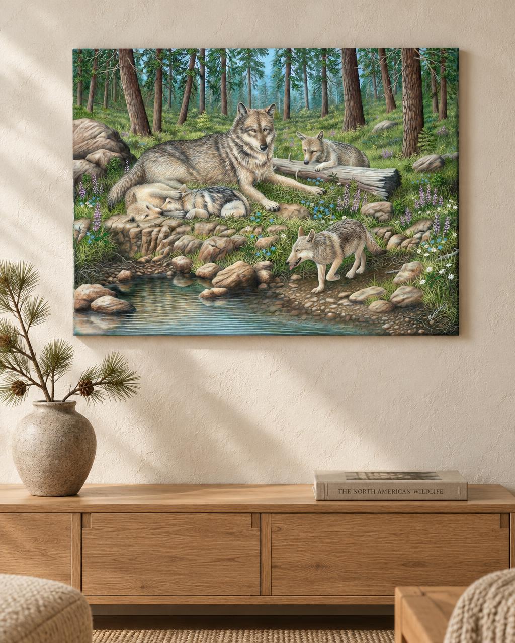 Robert Wavra - Grey Wolf Mother and Pups (2014) in-room collector visual